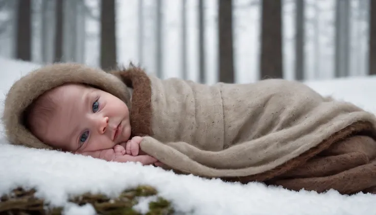 medieval Hungary, newborn baby lies wrapped in wool and fur at the edge of the forest, snow, night, eerie, mystical, cinematic scene from film