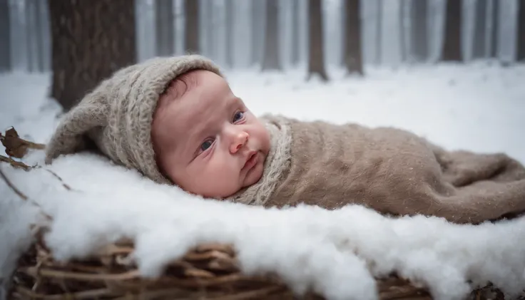 medieval Hungary, newborn baby lies wrapped in wool and fur at the edge of the forest, snow, night, eerie, mystical, cinematic scene from film