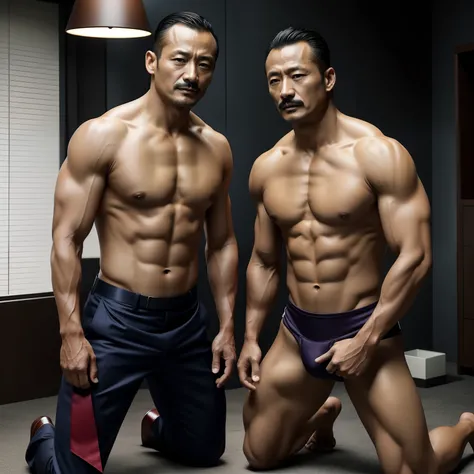 45 yers old，Hidetoshi Nakata ，（Kogoro Mouri 1.3），Two muscular men kneel，Naked upper body，Crotch contour，with mustache，tmasterpiece，k hd，Business suit，greys