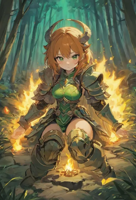 DnD female dwarf, heavy armored with exposed arms, ,cute and sexy, no helmet, slightly curly long brown hair, cute nose, big green eyes, small scar on left cheek, in a forest resting at a campfire