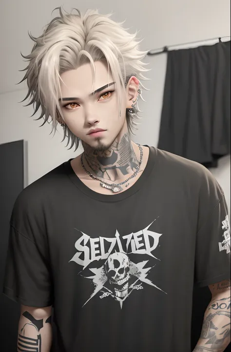 Make a realistic move from the felix of Stray Kids, com uma camiseta branca, cabelos loiros, em um quarto. Your skin is clear and soft, magro, His style is rocker and skateboarder. Tem piercing e tatuagens, with light and natural strokes, asiatic, com uma ...