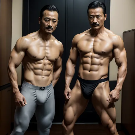 45 yers old，Hidetoshi Nakata ，（Kogoro Mouri 1.3），Two muscular men together，Naked upper body，Crotch contour，with mustache，tmasterpiece，k hd，skinny pants，black long socks，greys