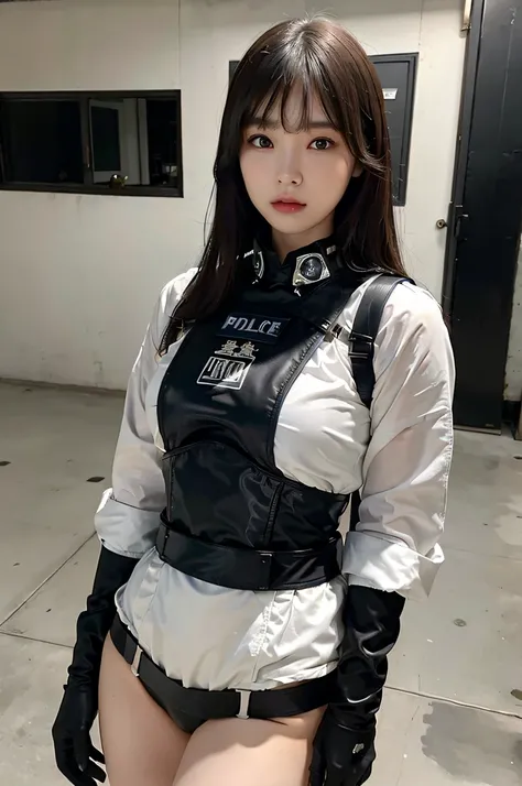 (Highest image quality, outstanding details, ultra-high resolution, realism), highly condensed 1 beautiful girl, with a delicate and beautiful face, ((cowboy shot)), (a bit chubby:0.4), (wearing black racing suit likes police uniform, black and grey mecha,...