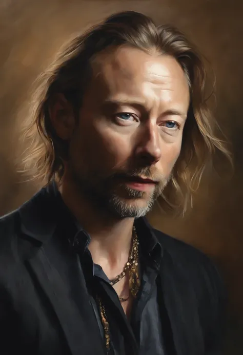 thom yorke as a modern pop star,oil painting,low saturation,best quality,ultra-detailed,realistic,portrait,subtle colors,soft lighting,singer,artist,expressive eyes,freckles,aged appearance,tangled hair,creative expression,emotional depth,extraordinary tal...