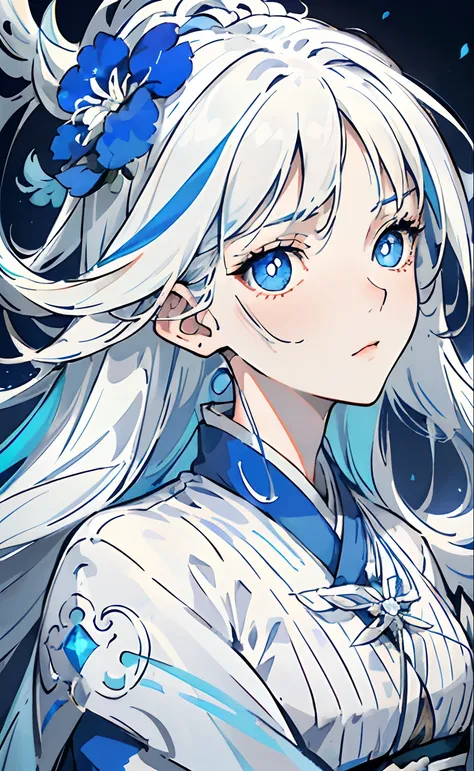 Mature girl, white hair, ((blue-streaked white hair)), floating hair, delicate eyes, blue pupils, heroine, blue and white antique damask hanfu, FOV, f1.8, masterpiece, complex scene, (portrait shot), (front shot), dominant blue outfit, right front bangs, a...