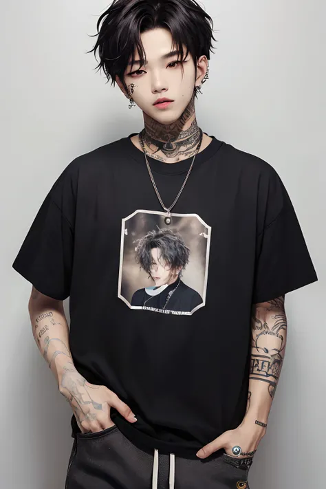 Make a realistic move from the felix of Stray Kids, com uma camiseta branca, cabelos loiros, em um quarto. Your skin is clear and soft, magro, His style is rocker and skateboarder. Tem piercing e tatuagens, with light and natural strokes, asiatic