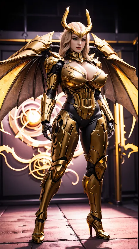 (DRAGON HEAD), HUGE FAKE BOOBS, (BEAUTIFUL FACE), (GOLD:1.2, BLACK:0.8, MECHA ARMORED GEAR), (((A PAIR OF HUGE MECHANICAL WINGS SPREAD OUT))), FUTURISTIC DRAGON MECHA SUIT, (CLEAVAGE), (SKINTIGHT YOGA PANTS), (HIGH HEELS), (PERFECT BODY:1.2), (FULL BODY VI...