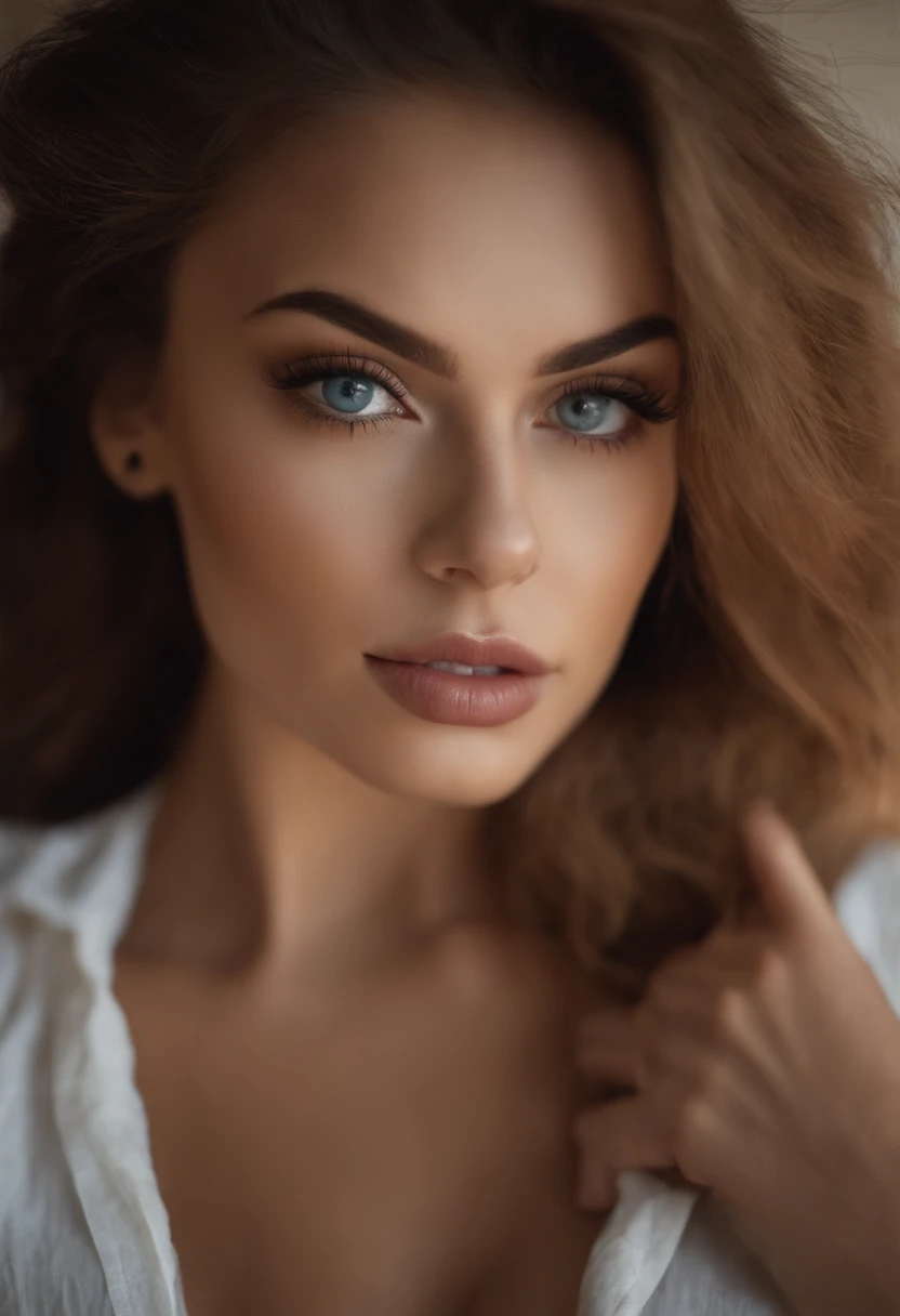 Arafed Mujer totalmente , Chica sexy con ojos azules, ultra realista, meticulosamente detallado, Retrato Sophie Mudd, cabello rubio y ojos grandes, selfie de una mujer joven, Ojos del dormitorio, Violeta Myers, sin maquillaje, Maquillaje natural, staring d...