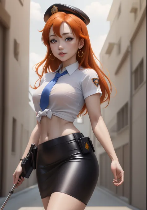 Masterpiece, best quality, (detailed face), realistic art, kousaka honoka, face makeup,big eyes, eyes makeup,blue eyes, orange hair, flying hair,(smile:0.7),(lips:0.6) ,white shirt,half sleeves,earrings, perfect lightning, low-leg pencil skirt, midriff, ne...