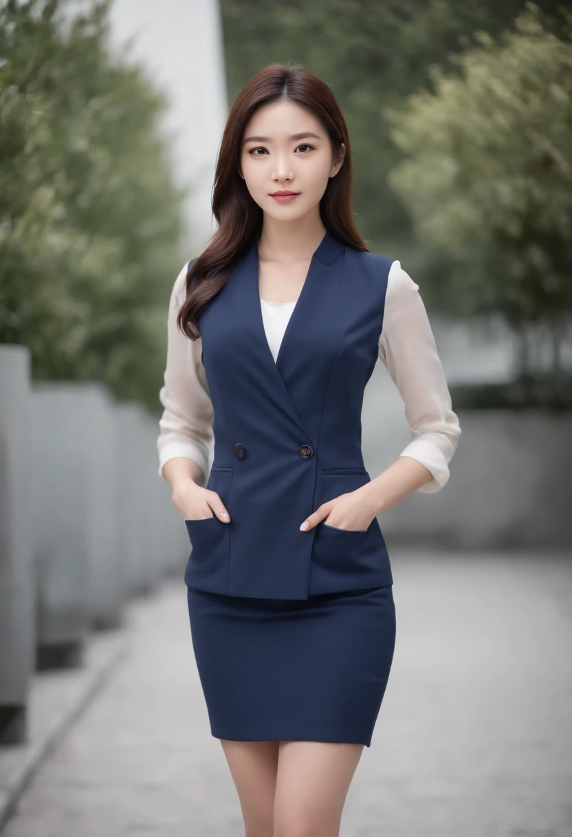 25-year-old professional image of Chinese professional woman, Wear a navy blue business casual suit and hip wrap skirt, Professional profile photo, posing with crossed arms, professional picture, professional profile picture, photograph of a woman, Busines...