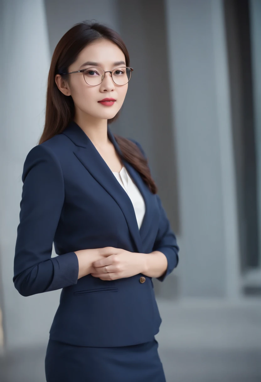 25-year-old professional image of Chinese professional woman, Wear a navy blue business casual suit and hip wrap skirt,wears glasses,Professional profile photo, posing with crossed arms, professional picture, professional profile picture, photograph of a w...