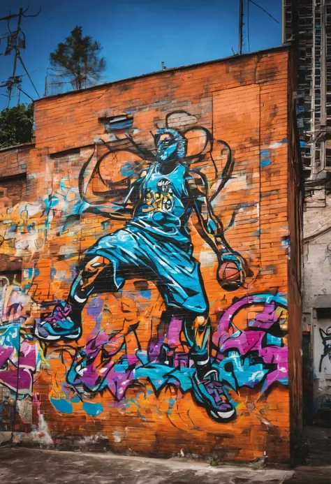 Prompt: Graffiti, The Monster, The whole picture, hight resolution、highly contrast、basketball、Basket Goal、Basketball court