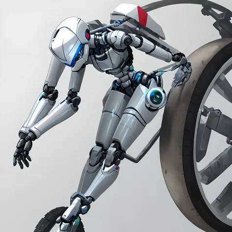 A robot medic with one wheel instead of legs; no background; mechanical; thin; feminine;