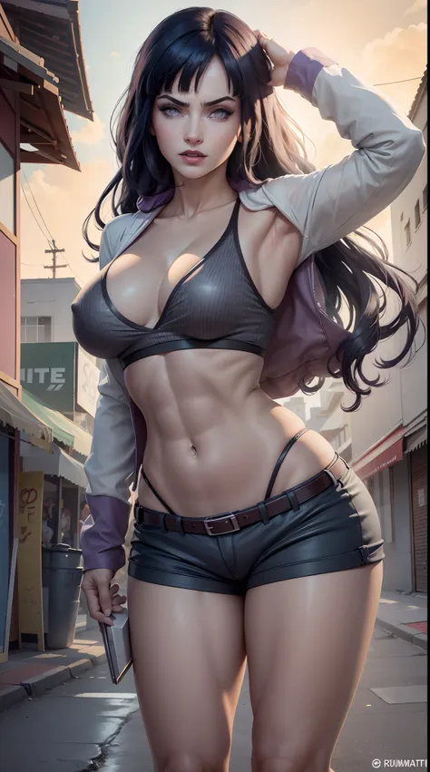 hinata hyuga, extremamente realista, bermuda curta, curto curto, tatuagem do naruto, extremamente sexy, muito linda, cabelo rabo...