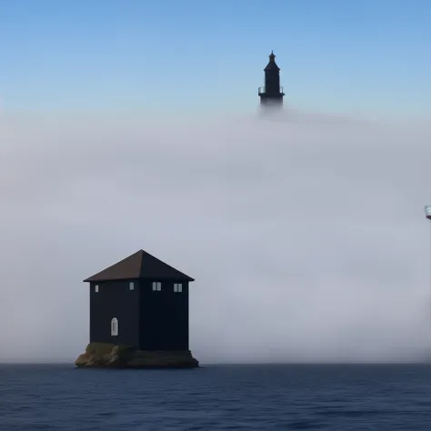 A house on a small chunk of land in the middle of the ocean with a tall black tower with a red eye in the back covered by fog