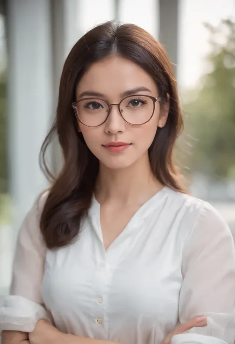 25-year-old mixed-race female professional image, Cute expressions,Wear a white shirt and hip wrap skirt,wears glasses,Professional profile photo, posing with crossed arms, professional picture, professional profile picture, photograph of a woman, Business...