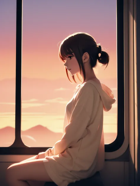 Anime girl sitting on train looking out window, Beautiful Anime Portrait, lofi portrait at a window, Beautiful anime girl, lofi portrait, lofi-girl, Portrait Anime Girl, artwork in the style of guweiz, high quality portrait, with sunset, charming anime gir...