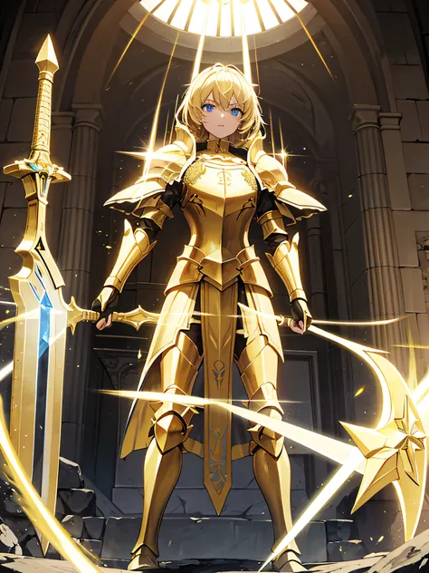 Knight wearing gleaming golden armor wielded a luminous sword that emanates a lot of light and a strong shield that the hardest rock poses for presentation not cut image best quality possible