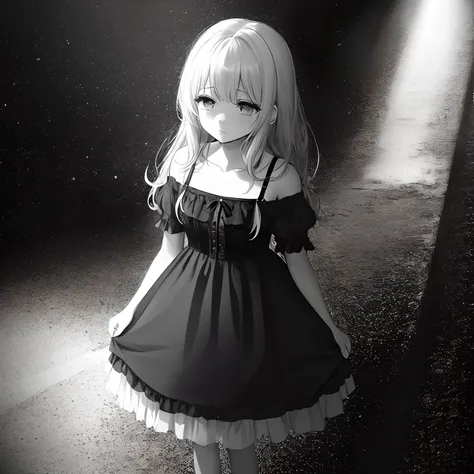 Sad girl, wearing dress, ​masterpiece, Illustration,  in the darkness nigth, Black and white