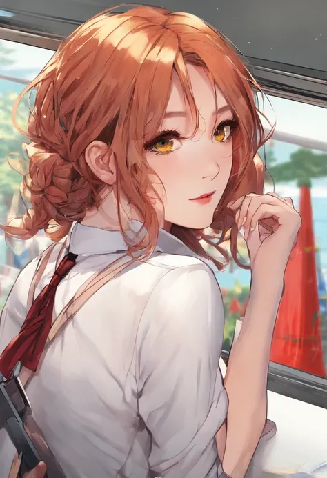 detailed shiny skin, (realistic, photo-realistic:1.4), a pretty girl, standing, looking out of window, white shirt, collared shirt, black necktie, black trousers, long sleeves, slight smile (nose blush), yellow eyes + ringed eyes, short hair + red hair + l...