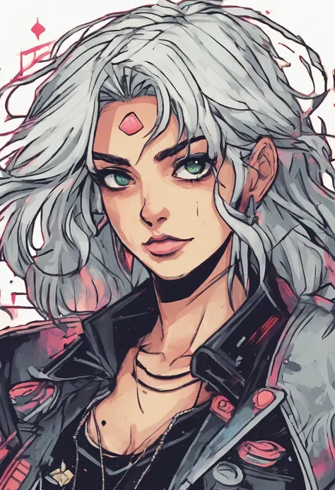 1990s anime art style girl with black ripped clothes and white hair with grey eyes and a lightning shape scar on her face. With 100% grain quality, no HD  quality.