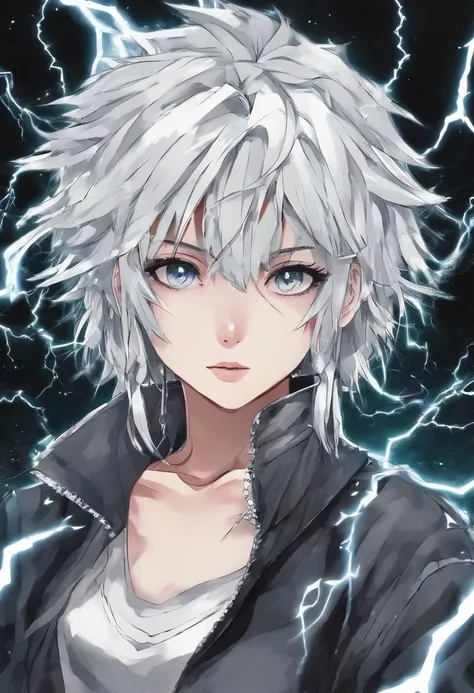 1990s anime art style girl with black ripped clothes and white hair with grey eyes and a lightning shape scar on her face. With 100% grain quality, no HD  quality.