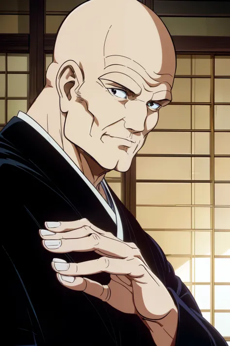 1980s anime style, 1 old men, Tenkai, ((no hair, no beard:1.2)), black japanese-temple clothes, shakujo, ((white obi)), ((black hakama, black kimono)), wearing a huge prayer-beads necklace, face focus, face close-up, upper body,