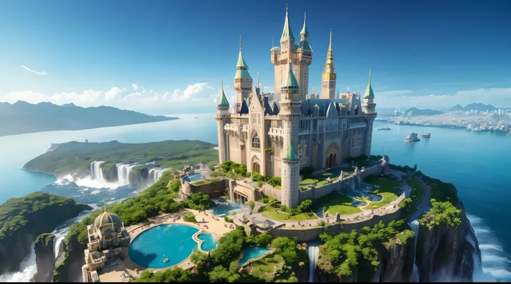 Huge castles and skyscrapers floating in the sky Cyberpunk Ise Sea Fantasy High Quality Ultra HD Utopia 8K Giant Waterfall Mother Nature