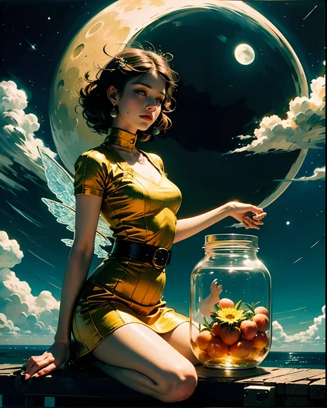 Moon fairy kneeling, quarter moon shining small inside jar, filled with peach isometric shot inside a glass jar looking out, gossamer, short skirt blue, yellow gold red and orange, chrysanthemum, nighttime, stardust. Fairytale, rococopunk, delicate studio ...