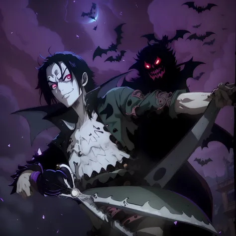 One piece manga, gecko moria, halloween theme, bats flying, vampire, dark theme, darkness vibe, terror, scissors, beautiful boy, gothic boy, vanitas, extreme long hair boy, vampire, pale skin, evil smile, kage kage no mi