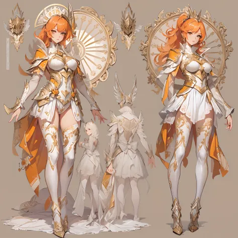 ((Masterpiece, Highest quality)), Detailed face, CharacterDesignSheet， full bodyesbian, Full of details, Multiple poses and expressions, Highly detailed, Depth, Many parts，Beautiful paladin，Holding a shield，double-ponytail，estilo fantasia，Orange caramel，Ex...