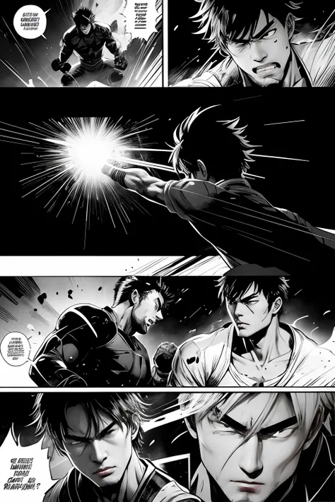 （Illustration sub-shots）Black and white Japanese manga，There are multiple panels on the page::The man roared。，He clenched his fists，A punch in the jaw to a school bully。Image from《Fight》Magazines,《Hot-blooded universities》author：tatsuki fujimoto。Highly det...