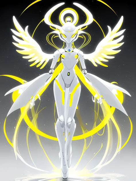 Elegant, alien, robotic, floaty, white, yellow, angelic, beautiful, bipedal