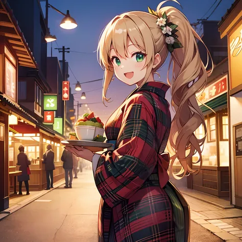 Beautiful green plaid kimono,Beautiful restaurant background,Have some plates of food on a tray,Happy laughter,