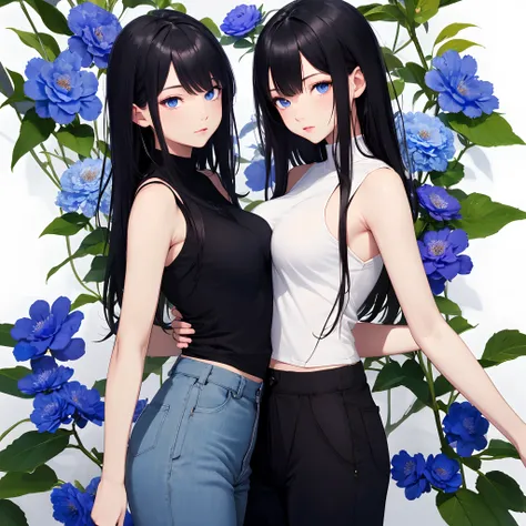 Masterpiece, best quality,long black hair,blue eyes,n/sfw,ultra sharp,1girl-age 15,high res,high quality,absurdres,blue flower background,half bug breast, curtain bangs front hair,tight black clothes-sleeveless,long sweet pants