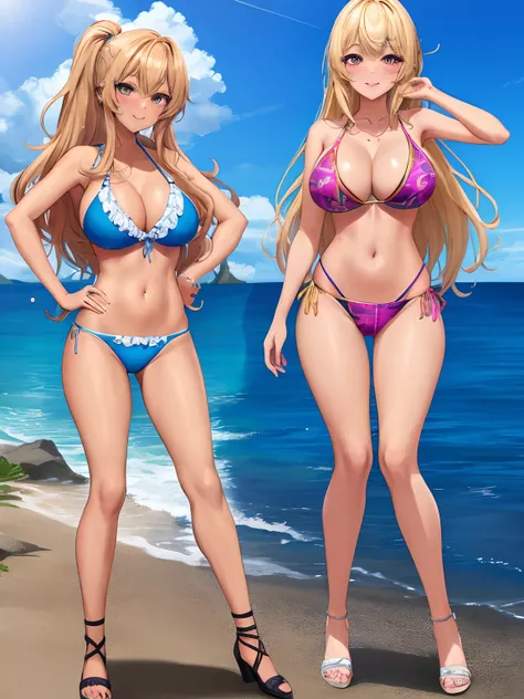 Gyaru chica con cabello rubio y ojos azules piel bronceada y una sonrisa y tacones altos y bikini, obra maestra, la mejor calidad