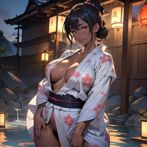 there is woman that is in onsen,(((A MILF: 1.4))), (Curvy:1.35),(((Dark skin))),Curvy physique,, Thick body，((big nipple)),((Completely naked)), (((rubbing breasts under yukata))),((Transparent yukata)),(open legs),((pubic hair)), high-end onsen, Onsen, sa...