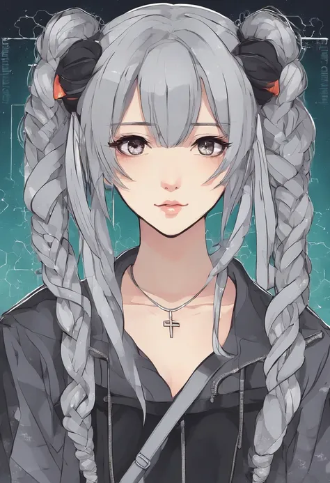 Generate a 90s Japanese anime-inspired portrait of a girl with grey hair, featuring two long braids. Her eyes should be black, and she should be wearing all black clothing. Add a small lightning scar on her face. The background should primarily be black wi...