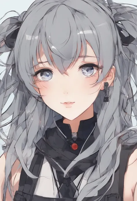 Generate a 90s Japanese anime-inspired portrait of a girl with grey hair, featuring two long braids. Her eyes should be black, and she should be wearing all black clothing. Add a small lightning scar on her face. The background should primarily be black wi...