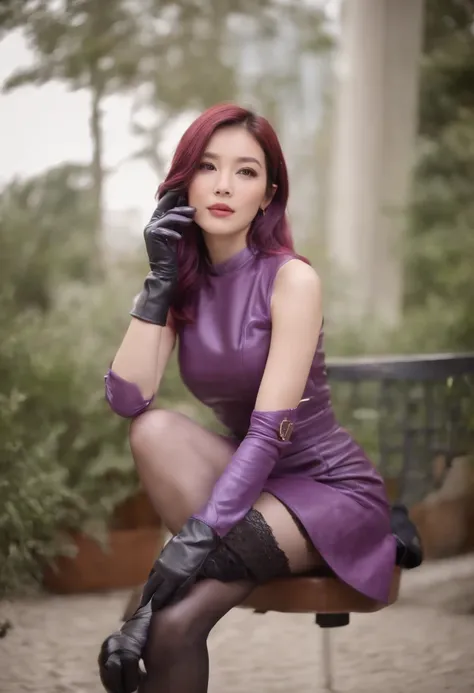 Purple leather gloves，Both hands have five fingers, Purple leather tight-fitting skirt, Pink blouse, Purple leather boots,Purple patent leather boots shiny stockings， Japanese girl with straight pink and purple hair, Sit in a leather chair，Align your feet,...