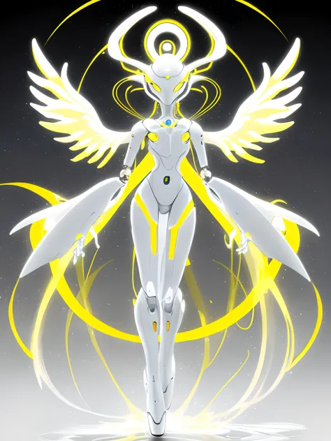 Elegant, alien, robotic, floaty, white, yellow, angelic, beautiful, bipedal, high quality, realistic,