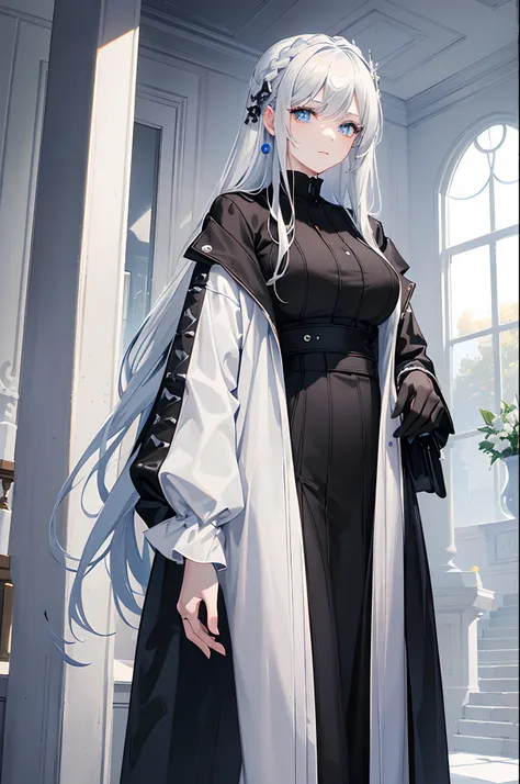 masterpiece, highlydetailed, ultra-detailed, cold, solo, (1woman), (pale skin), icyblue eyes, frosty white hair, young woman, medium breasts, goddess, cool kuudere girl, (long Black jacket), (modern casual clothes), sleepy, lazy, (smile:0.8), (polite cloth...