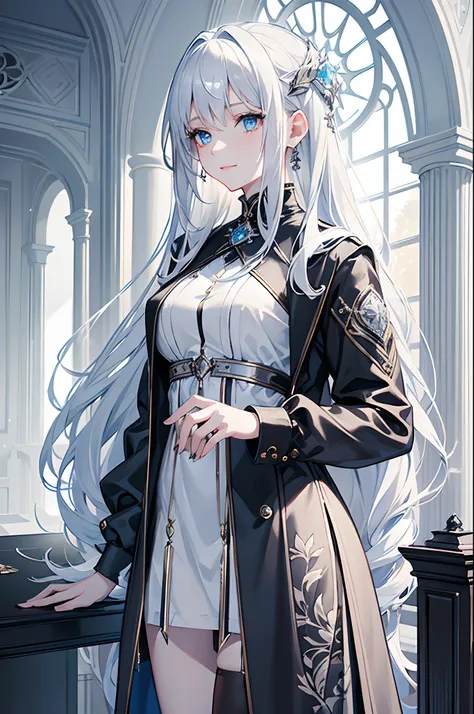 masterpiece, highlydetailed, ultra-detailed, cold, solo, (1woman), (pale skin), icyblue eyes, frosty white hair, young woman, medium breasts, goddess, cool kuudere girl, (long Black jacket), (modern casual clothes), sleepy, lazy, (smile:0.8), (polite cloth...