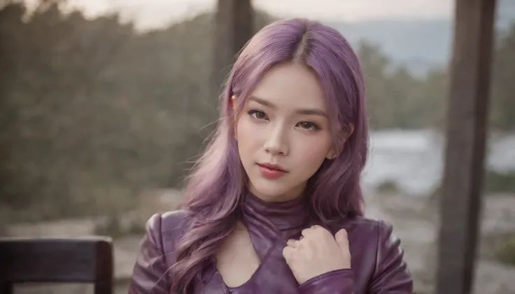 Purple leather gloves，Both hands have five fingers, Purple leather tight-fitting skirt, Pink blouse, Purple leather boots,Purple patent leather boots shiny stockings， Japanese girl with straight pink and purple hair, Sit in a leather chair，Align your feet,...