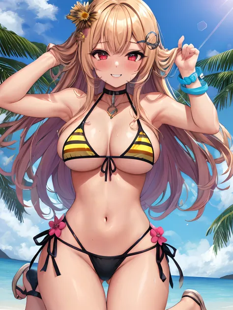 Gyaru chica con cabello rubio y ojos azules piel bronceada y una sonrisa y tacones altos y bikini, obra maestra, la mejor calidad