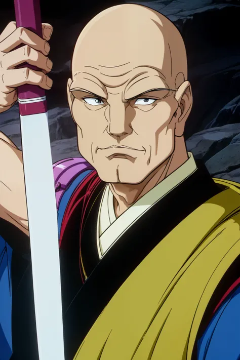 1980s anime style, 1 old men, Tenkai, ((no hair, no beard:1.2, sanpaku eyes)), battle armor style, clothed, arm gauntlet, Shikomi long-katana, Japanese hill wilderness, face focus, face close-up, upper body,