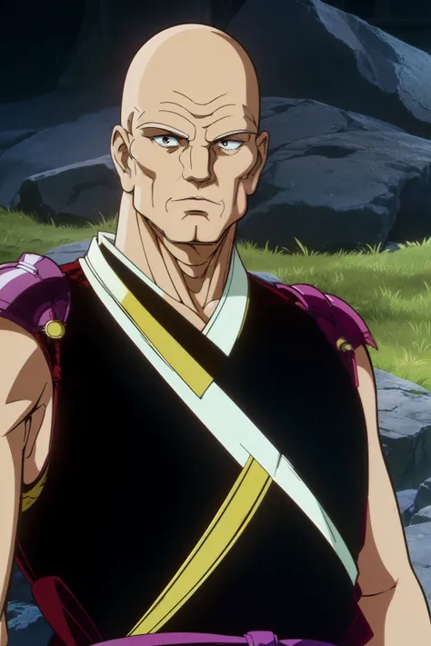 1980s anime style, 1 old men, Tenkai, ((no hair, no beard:1.2, sanpaku eyes)), battle armor style, clothed, arm gauntlet, Shikomi long-katana, Japanese hill wilderness, face focus, face close-up, upper body,