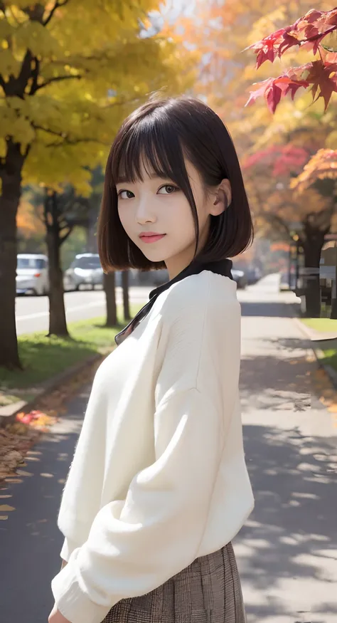 (top-quality、​masterpiece:1.2)、Best Quality、realisitic、photoshot、hight resolution、1080p、8K、Textured skin、Physical Rendering、1 Japan Girls、High school students、kawaii、Young Face、bob cuts、(Autumn outfit:1.5)、Street、full of shyness、smil、Big