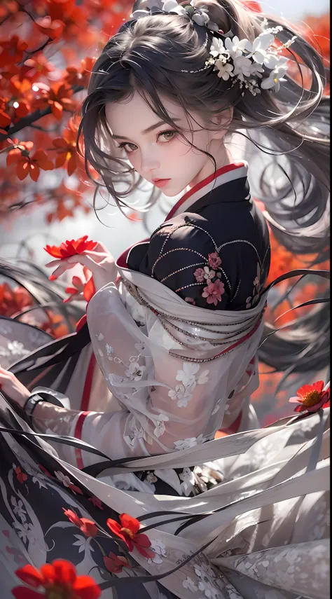 Super high quality, masterpiece, perfect illustration, extreme detail (exquisite light and shadow, highly dramatic picture,) Stroke, 1 girl, solo, (wearing red, black and white Hanfu,) flower field, flowers, (white smoke:1.3) (Realistic:1.4), Zen entanglem...