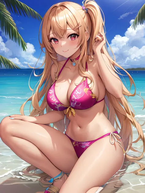 Gyaru chica con cabello rubio y ojos azules piel bronceada y una sonrisa y tacones altos y bikini, obra maestra, la mejor calidad